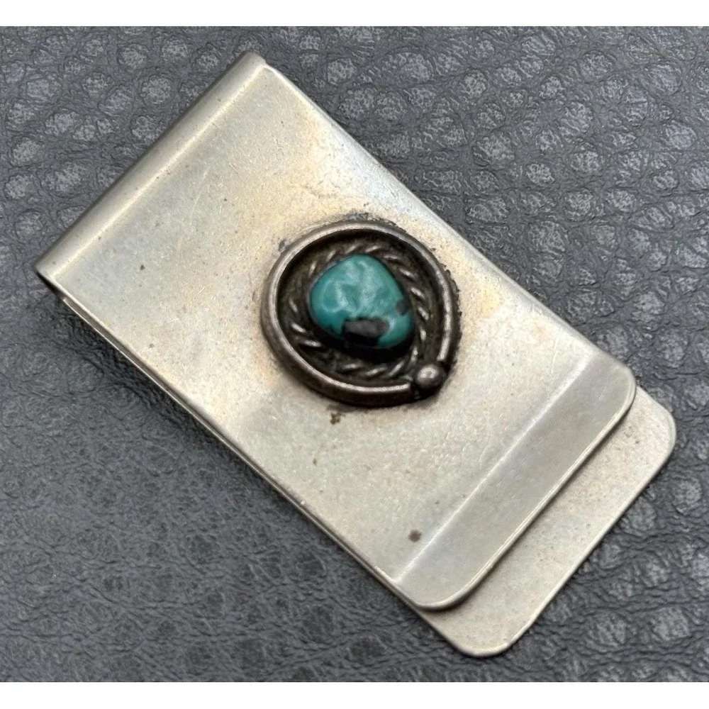 Vintage Silver Tone Turquoise Money Clip Southwest Style